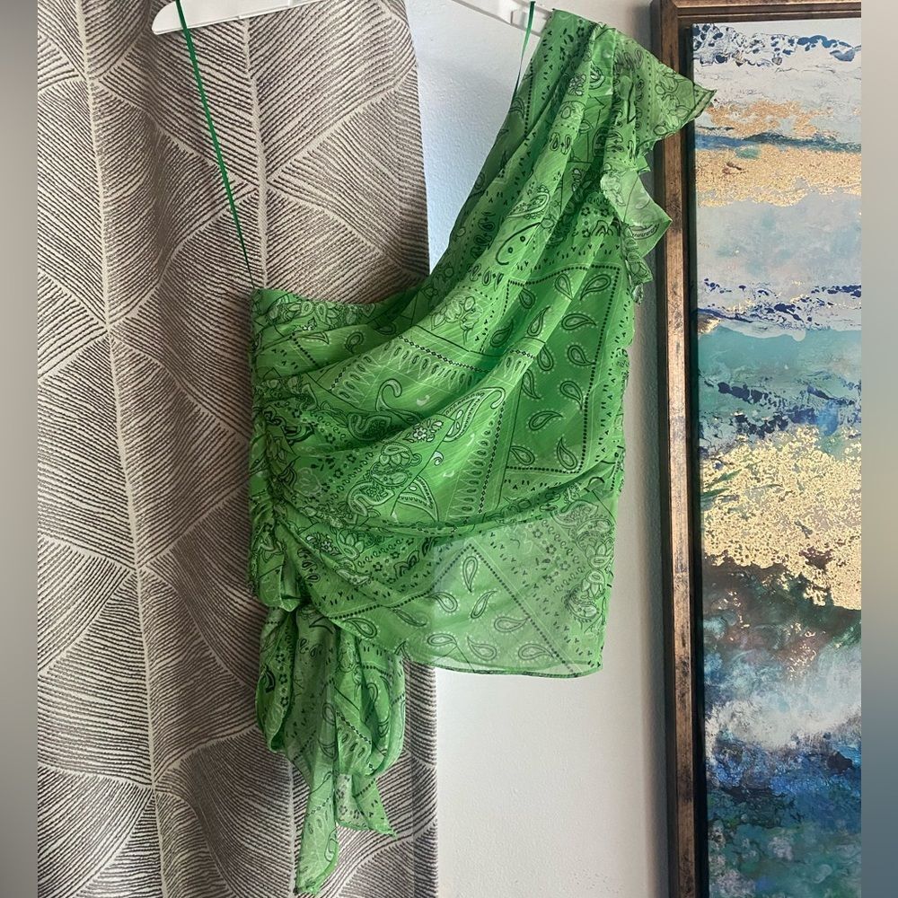 Amanda Uprichard Green One-Shoulder Ruffled Blouse